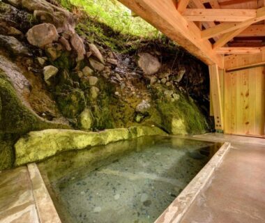 Indoor stone onsen bath at Kashiwaya Ryokan in Fukushima