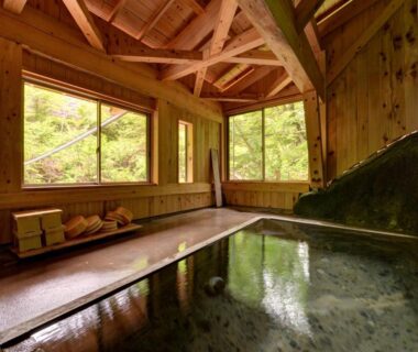 Indoor wooden onsen bath with stone edge and forest view at Kashiwaya Ryokan, Fukushima