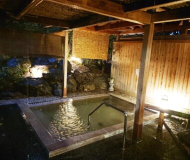 Stone-lined covered onsen bath with wooden beams, bamboo fence and garden lighting at Kasuga Hotel, Nara