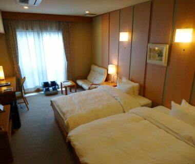 Western twin room with wooden wall panels and seating area at Kasuga Hotel, Nara, Kansai