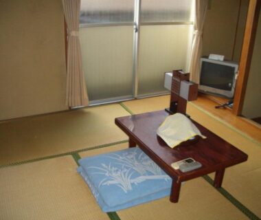 Traditional tatami room with low wooden table, floor cushion, TV and sliding glass doors at Kasuga Ryokan Hiroshima