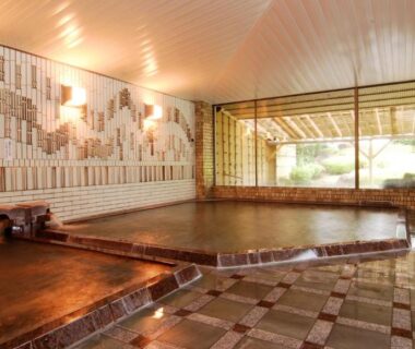 Spacious tiled indoor onsen bath with wooden accents and garden view at Kasugai View Hotel, Yamanashi