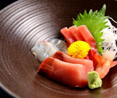 Assorted sashimi with wasabi and shiso leaf at Kawachiya Ryokan in Mie, Kansai