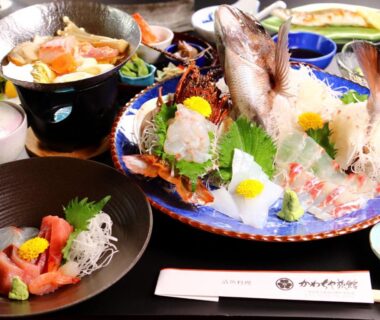 Assorted sashimi and seafood dishes on lacquer table with chopsticks