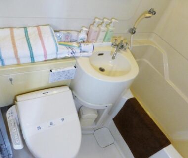 Compact unit bath with sink, toilet and toiletries at Kawaguchiko Lakeside Hotel, Yamanashi
