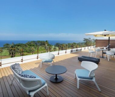 Outdoor wooden deck seating with ocean view at Kawana Hotel, Shizuoka, Chūbu Japan