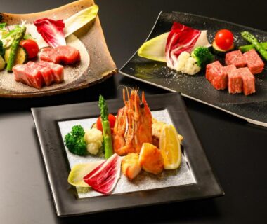Three artfully arranged dishes with seafood, beef and vegetables at Keiryuso Siorie in Nagano, Chūbu