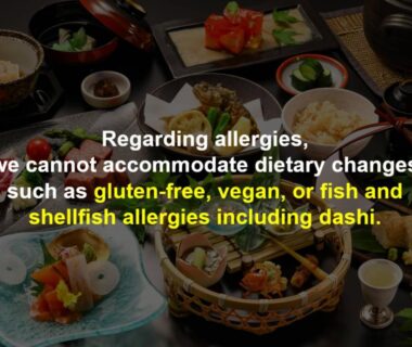 Assorted Japanese dishes on low table with allergy notice overlay, Keiryuso Siorie, Nagano