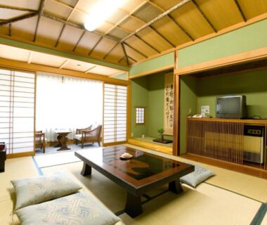 Traditional tatami room with low table and shoji screens at Kikori in Yamanashi, Chūbu, Japan