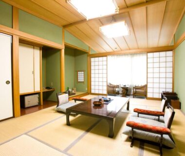 Traditional tatami room with low table and shoji screens at Kikori in Yamanashi, Chūbu, Japan