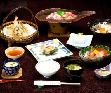 Assorted traditional Japanese dishes on a low table at Kikori ryokan in Yamanashi Chūbu