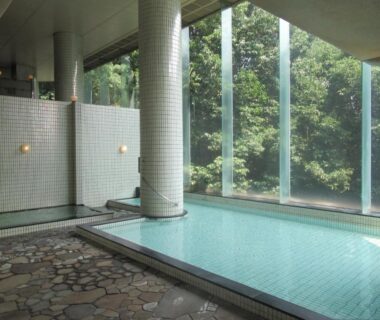 Indoor tiled onsen bath with large windows overlooking trees at Kikuchi Kanko Hotel Kumamoto Japan