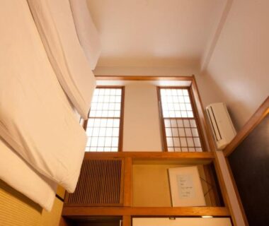 Low-angle view of tatami floor, futon bedding and shoji screens at Kimi Ryokan in Tokyo, Kantō