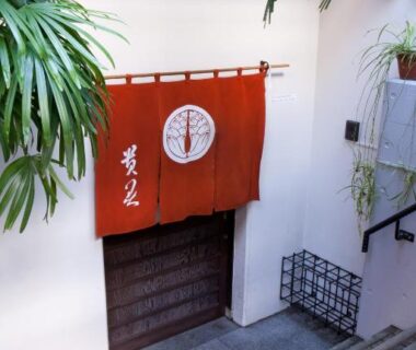 Red noren curtain over stone steps leading to Kimi Ryokan entrance in Tokyo framed by potted plants