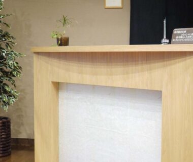Wooden reception counter with small plants at Kimimachisou in Nagano, Chūbu, Japan