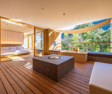 Wooden deck lounge with shoji screens and low table at Kinnotake Tonosawa, Kanagawa