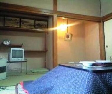 Tatami room with kotatsu table, sliding fusuma doors and television at Kinokuniya Jinpachi, Nara