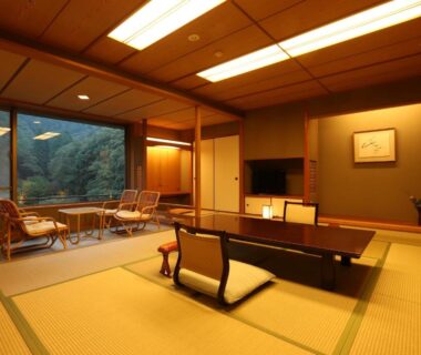 Spacious tatami room with low table, floor cushions, shoji screens and large window overlooking greenery at Kinosaki Onsen Nishimuraya