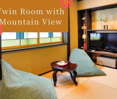 Tatami room with two floor chairs, low table, shoji-style windows and television at Kinosaki Tenboen, Hyōgo