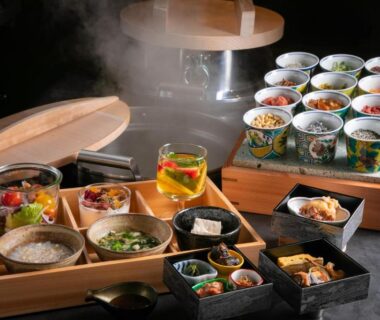 Assorted small dishes and lacquered trays at Kinosaki onsen Tokitotoki in Hyōgo Kansai