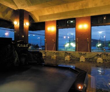 Spacious indoor onsen with washing stations and large windows overlooking the Mie landscape