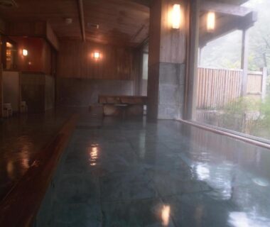 Indoor onsen bath with wooden interior and window view of greenery at Kinseikan Seseragi, Gunma
