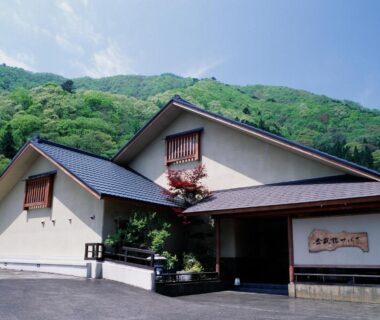 Exterior view of Kinseikan Seseragi entrance with tiled roof and mountain backdrop in Gunma