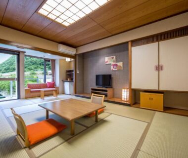 Traditional tatami room with low table, floor chairs and garden view at Kinugawa Onsen Hotel, Tochigi