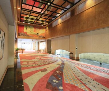 Ornate ryokan lobby carpet and high ceiling artwork, Kinugawa Onsen Sanraku, Tochigi, Japan