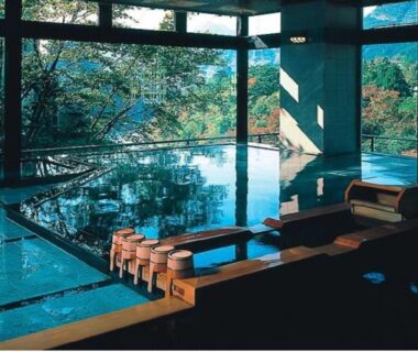 Indoor wooden onsen bath with stools and large windows overlooking trees at Kinugawa Onsen Sanraku Tochigi Kantō Japan