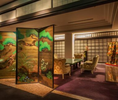 Painted folding screen and lounge seating in Kinugawa Park Hotels lobby, Tochigi Kantō, Japan
