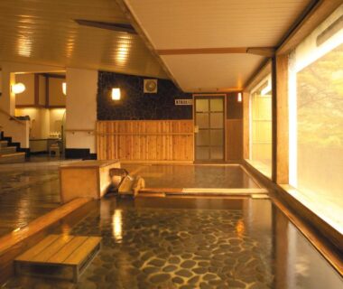 Indoor wooden onsen with stone floor and large window overlooking trees at Kinugawa Park Hotels in Tochigi