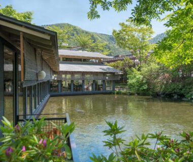 Glass-front ryokan wing over tranquil pond with surrounding trees and mountain backdrop in Tochigi, Japan