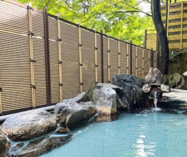Open-air rock onsen with bamboo fence and surrounding greenery at Kinugawa Royal Hotel, Tochigi