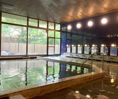 Large indoor communal bath with washing stations at Kinugawa Royal Hotel, Tochigi