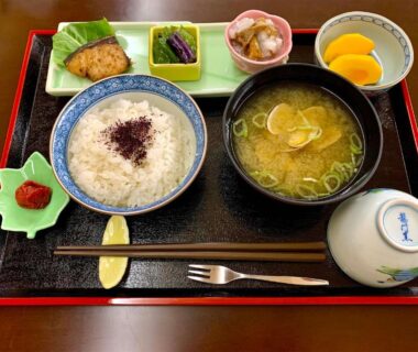 Rice porridge breakfast set with miso soup, grilled fish and pickles at Kirishimaya Ryokan, Gunma