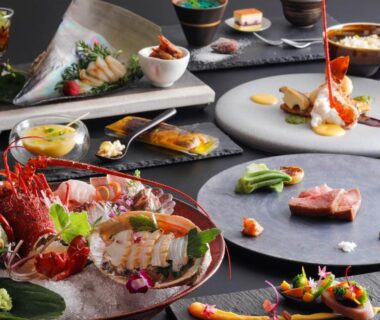 Assorted seafood and sashimi on elegant plates at Kisara Bettei TOKI in Mie, Japan