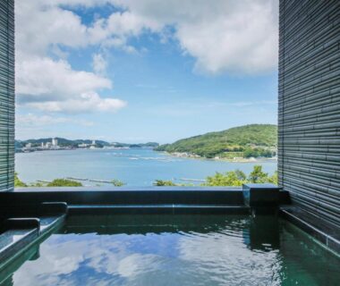 Indoor onsen bath facing bay at Kisara Bettei TOKI Mie, Kansai, Japan
