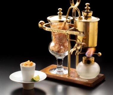 Glass siphon coffee apparatus with small dessert served at Kissho Caren ryokan in Shizuoka, Chūbu