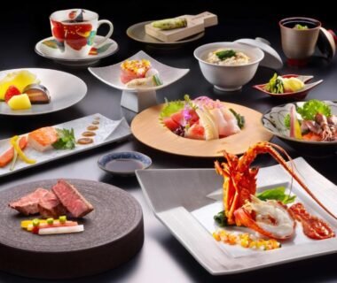 Assorted sashimi, grilled meat, lobster and desserts at Kissho Caren dining in Shizuoka, Chubu, Japan