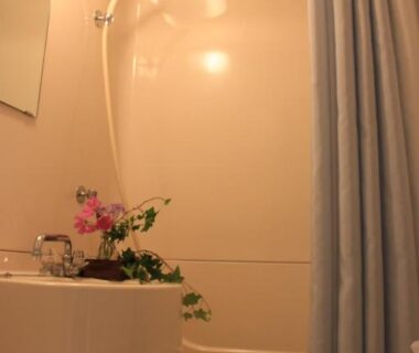 Compact bathroom with shower, curtain and sink at Kitashiga Holiday Inn in Nagano, Chūbu, Japan