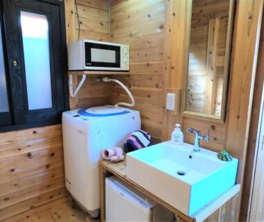 Compact wooden washroom with sink, mirror, washing machine, microwave and mini fridge at Koinami, Mie