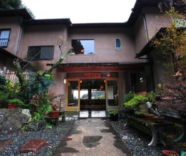 Traditional ryokan entrance with stone path, potted plants and wooden façade at Kokoronodoka in Shizuoka