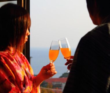 Two guests in yukata clinking glasses by a window with sea view