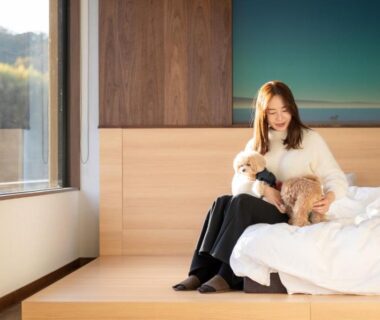 Guest seated on low wooden bed holding two small dogs beside large window in Komatsuya Hachinobou, Shizuoka