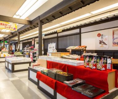 Indoor souvenir and gift stalls in Komoro Grand Castle Hotel corridor, Nagano
