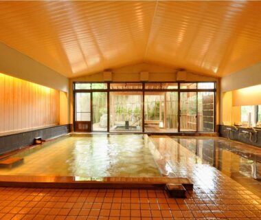 Tiled communal indoor onsen bath with wooden ceiling, low benches, and glass doors leading to an outdoor courtyard, Niigata
