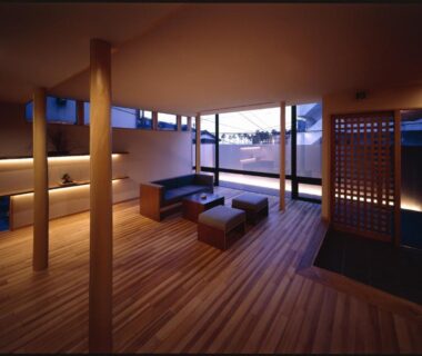 Low wooden lounge with bench seating at Kotsubokaigan Linca in Kanagawa, Kantō