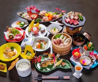 Variety of small traditional Japanese dishes arranged on lacquer trays at Kouunsou ryokan in Tochigi