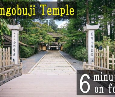 Stone bridge and temple gate along a cedar-lined approach near Koyasan Gokuraku Stay in Wakayama